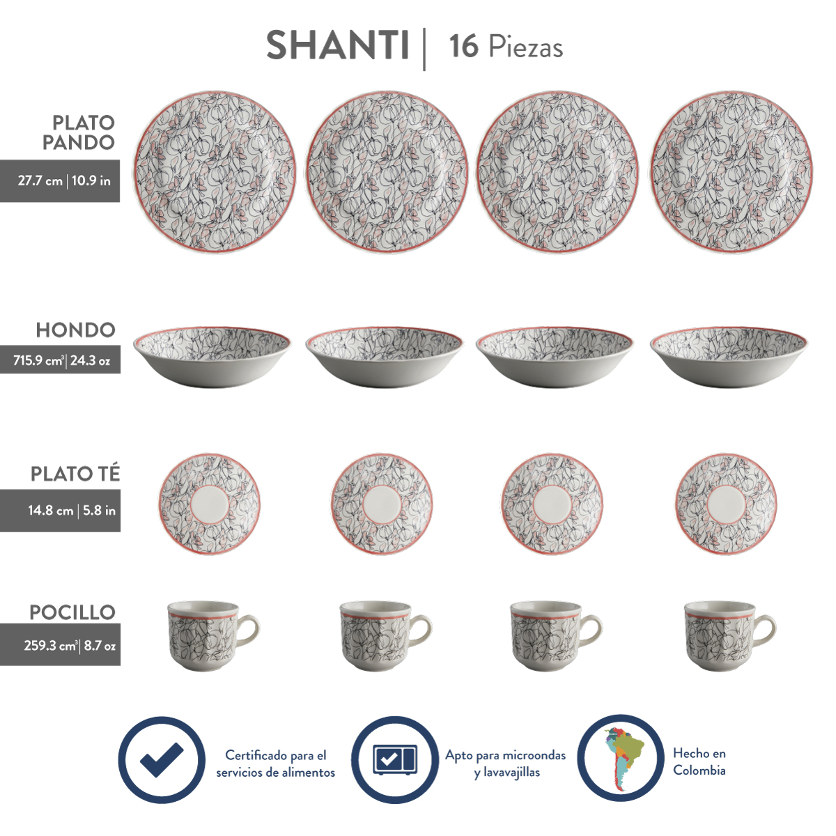Vajilla Corona Shanti 4 Puestos 16 Piezas